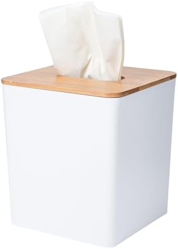 Sunkaioo Modern Tissue Box Cover with Bamboo Lid Boho Farmhouse Style White