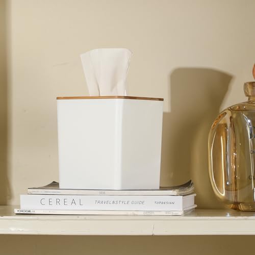 Sunkaioo Modern Tissue Box Cover with Bamboo Lid Boho Farmhouse Style White
