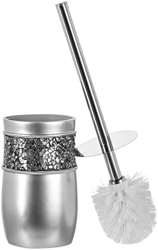 Crackled Glass Toilet Brush with Holder - Silver - Compact Durable