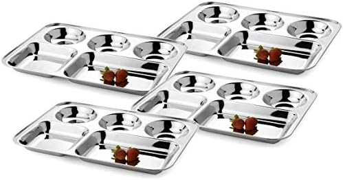 4-Piece Stainless Steel Rectangular Thali Plates Multipurpose Use BPA-Free Eco-Friendly