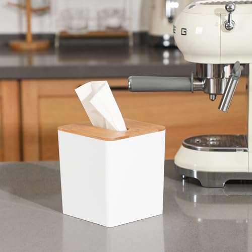 Sunkaioo Modern Tissue Box Cover with Bamboo Lid Boho Farmhouse Style White