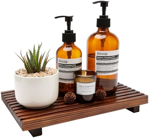 Renawe Wooden Bathroom Counter Tray with Soap Dispenser Holder