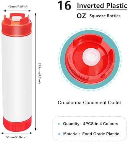 4 Pcs 16 oz Inverted Squeeze Bottles for Condiments and Sauces