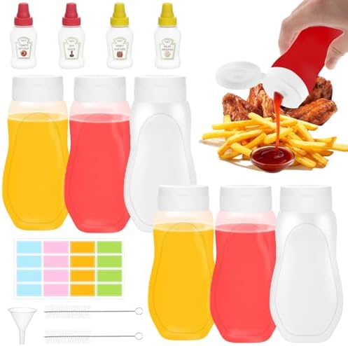 6 Pack Condiment Squeeze Bottles with 4 Mini Bottles for Ketchup Salad