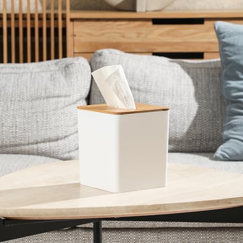 Sunkaioo Modern Tissue Box Cover with Bamboo Lid Boho Farmhouse Style White