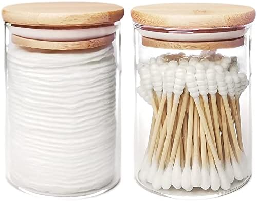 Two-Piece Glass Qtip Holder with Wood Lids for Bathroom Organization