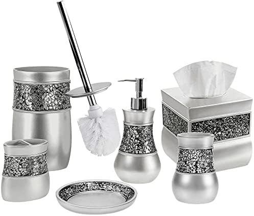 Crackled Glass Toilet Brush with Holder - Silver - Compact Durable