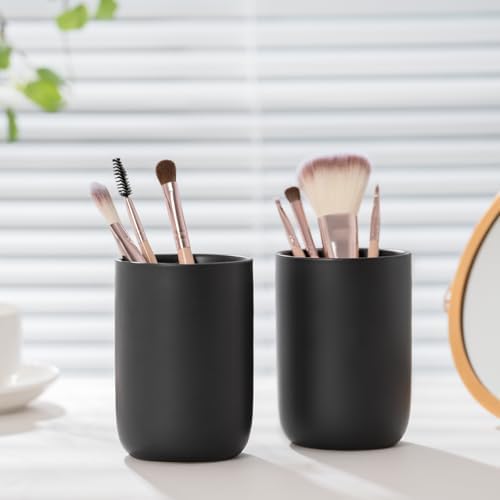 Sturdy Ceramic Toothbrush Cup Holder Matte Black Bathroom Storage Organizer by HY