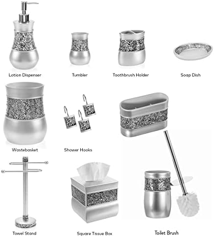 Crackled Glass Toilet Brush with Holder - Silver - Compact Durable