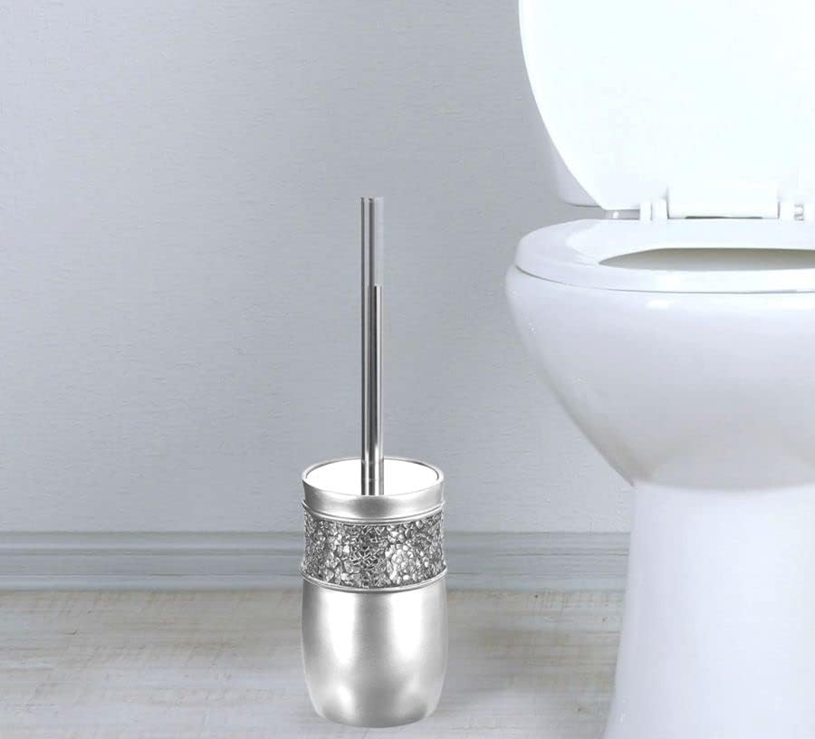 Crackled Glass Toilet Brush with Holder - Silver - Compact Durable