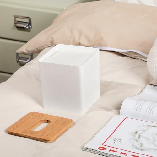 Sunkaioo Modern Tissue Box Cover with Bamboo Lid Boho Farmhouse Style White