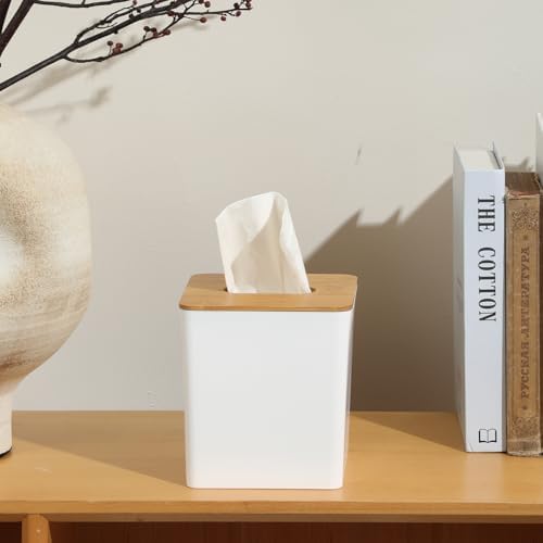 Sunkaioo Modern Tissue Box Cover with Bamboo Lid Boho Farmhouse Style White