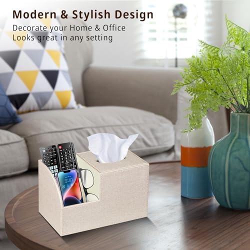 Bliance PU Leather Square Tissue Box Cover - Stylish Remote Control Organizer