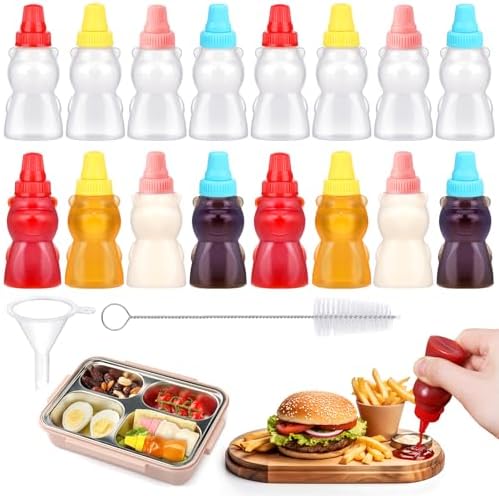 18 Piece Set of Mini Condiment Squeeze Bottles with Funnel for Lunch