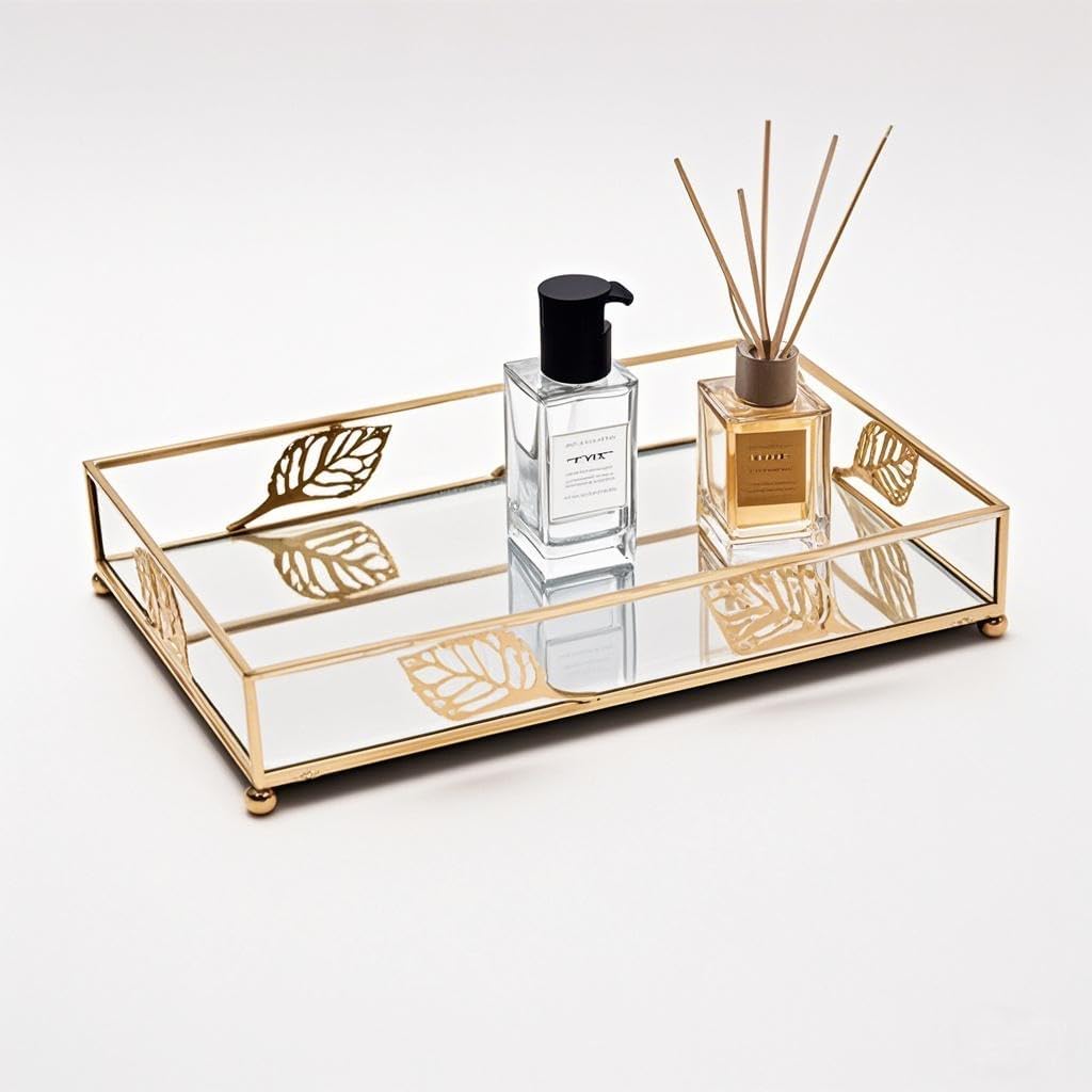 Golden tray for makeup mirrors jewelry