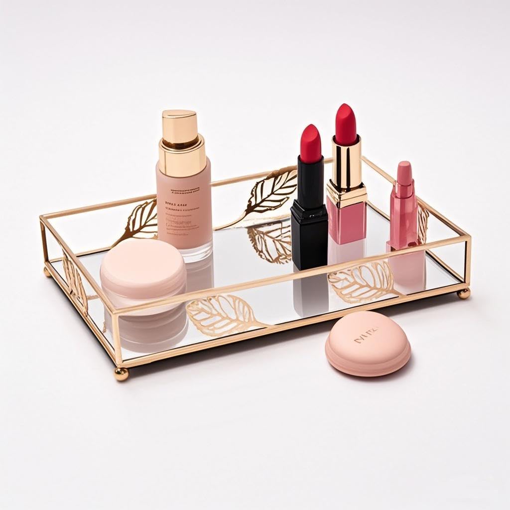 Golden tray for makeup mirrors jewelry