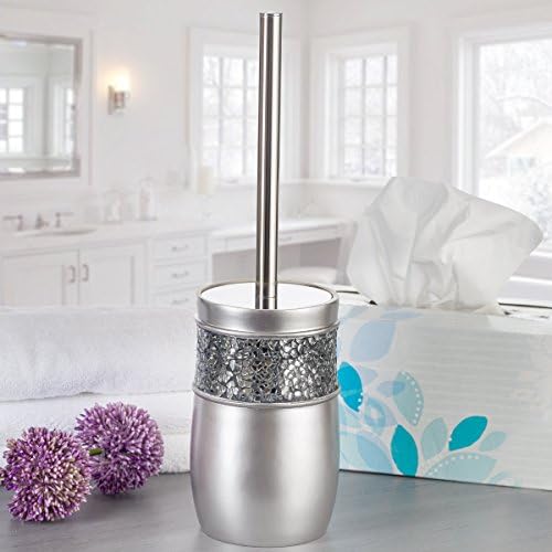 Crackled Glass Toilet Brush with Holder - Silver - Compact Durable