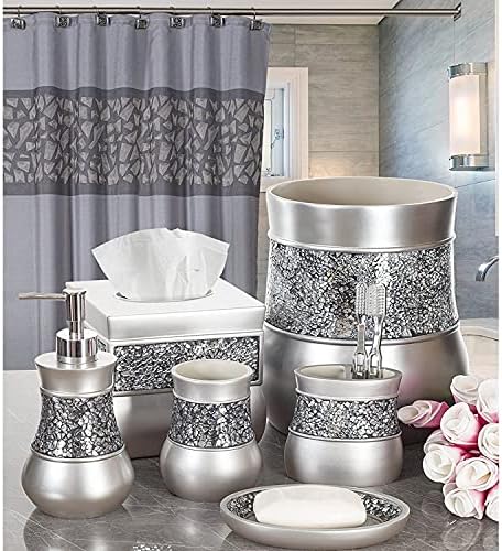 Crackled Glass Toilet Brush with Holder - Silver - Compact Durable