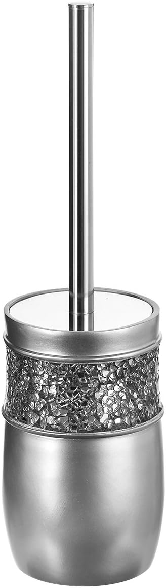 Crackled Glass Toilet Brush with Holder - Silver - Compact Durable