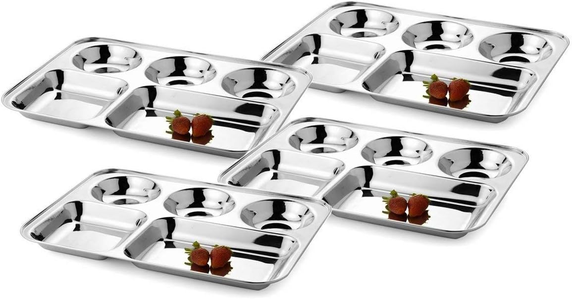 4-Piece Stainless Steel Rectangular Thali Plates Multipurpose Use BPA-Free Eco-Friendly