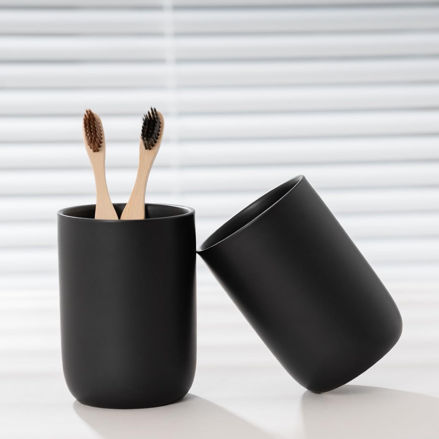 Sturdy Ceramic Toothbrush Cup Holder Matte Black Bathroom Storage Organizer by HY