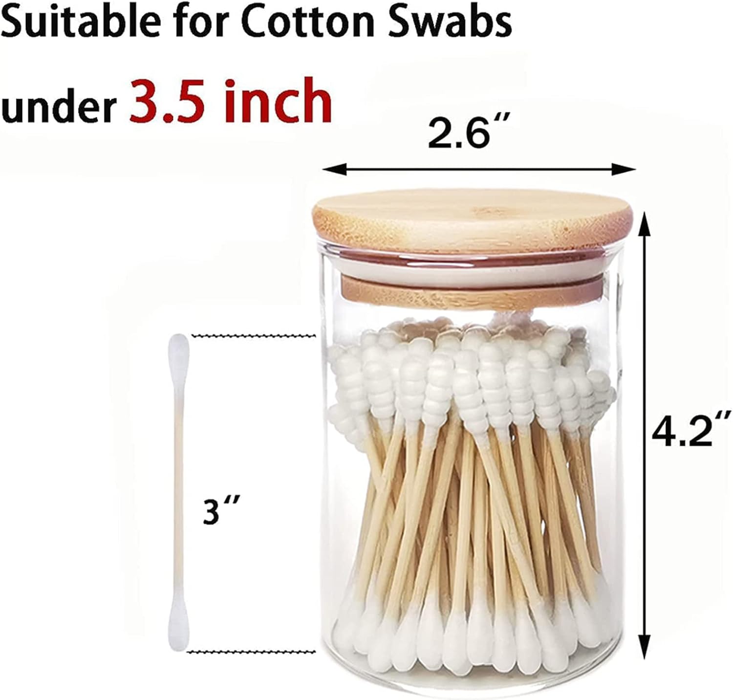 Two-Piece Glass Qtip Holder with Wood Lids for Bathroom Organization