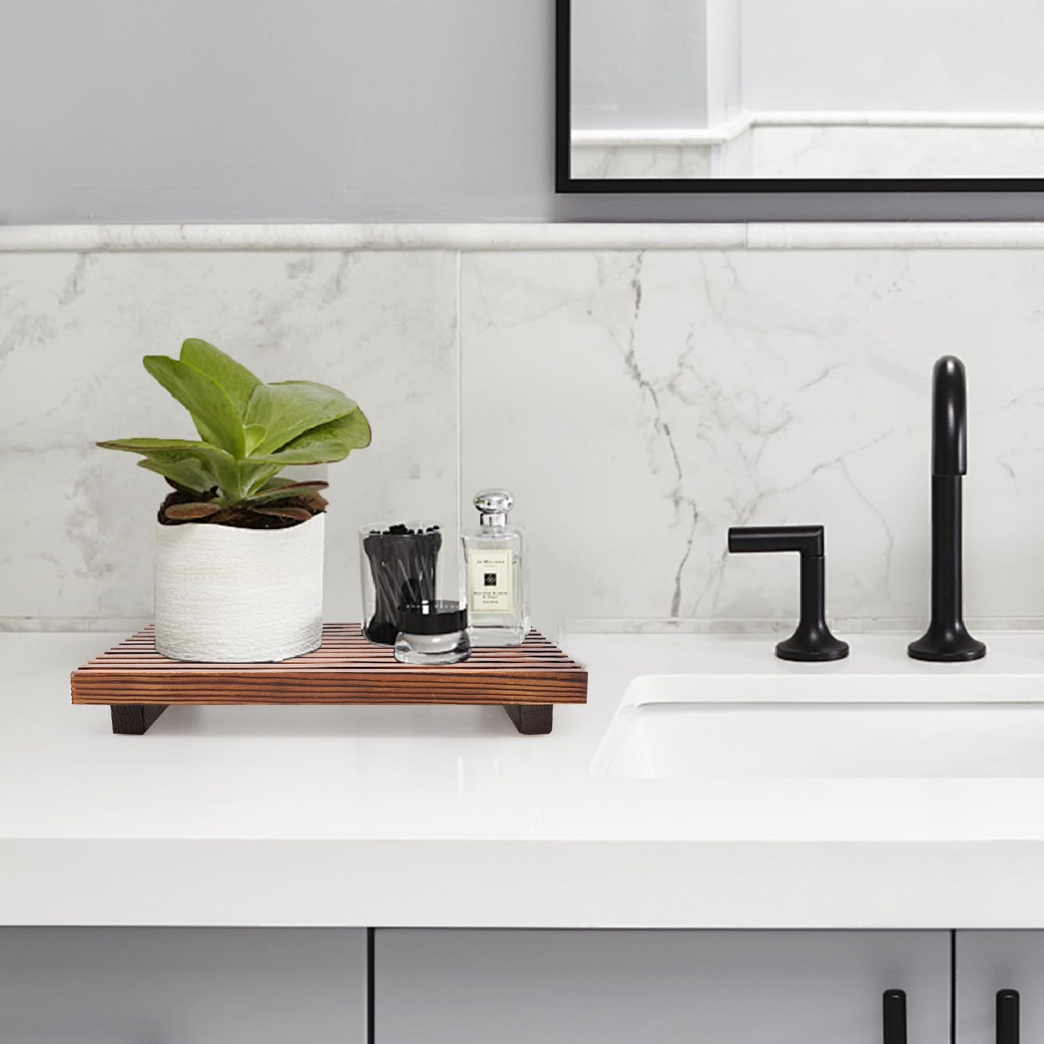 Renawe Wooden Bathroom Counter Tray with Soap Dispenser Holder
