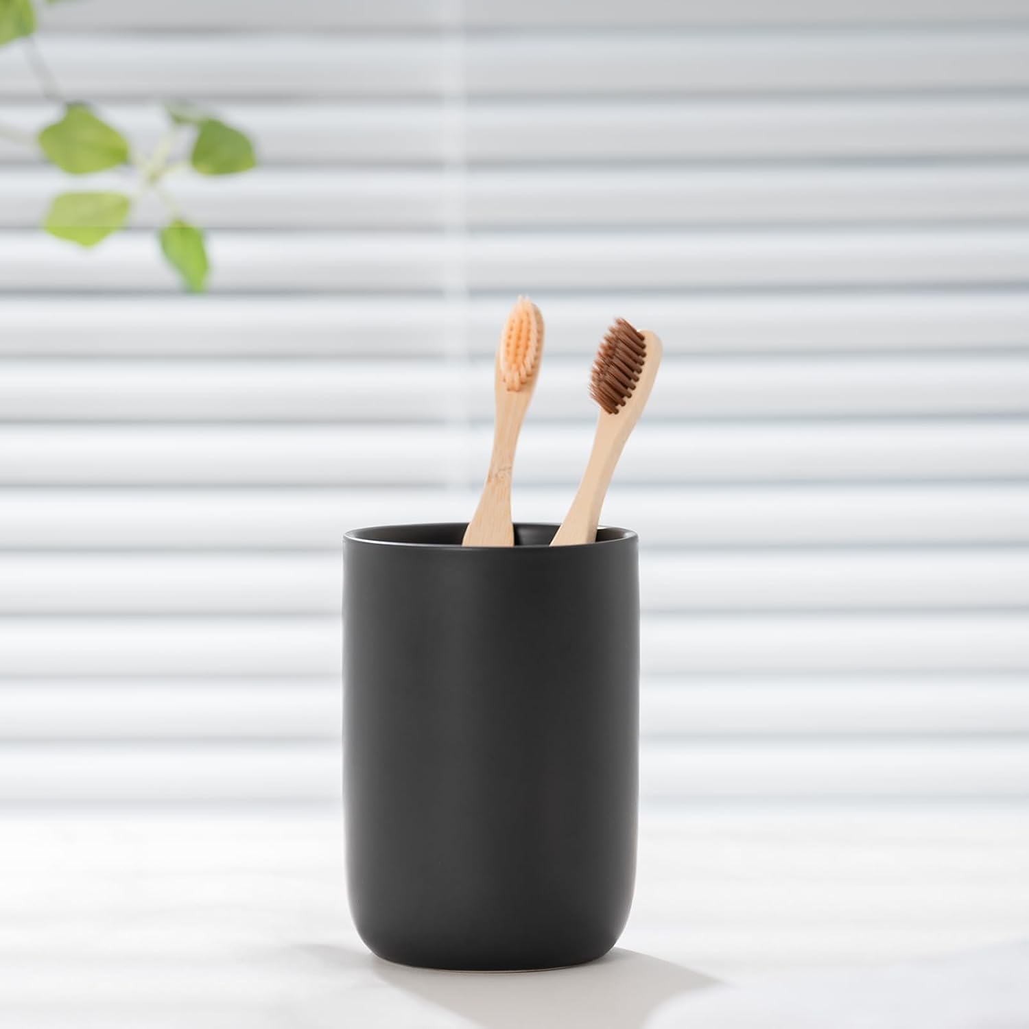 Sturdy Ceramic Toothbrush Cup Holder Matte Black Bathroom Storage Organizer by HY