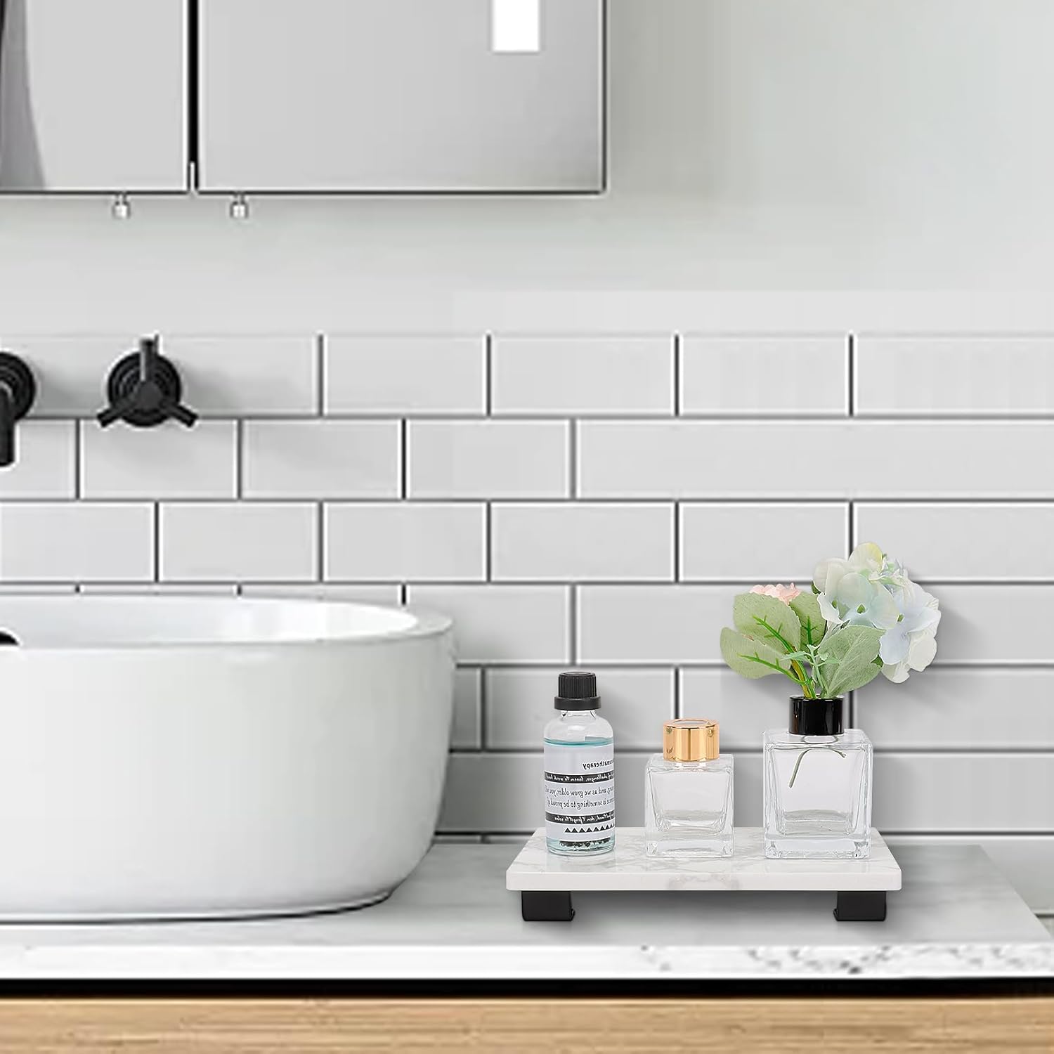 Luxury Compact Marble Vanity Tray for Bathrooms Kitchens Black Winmien