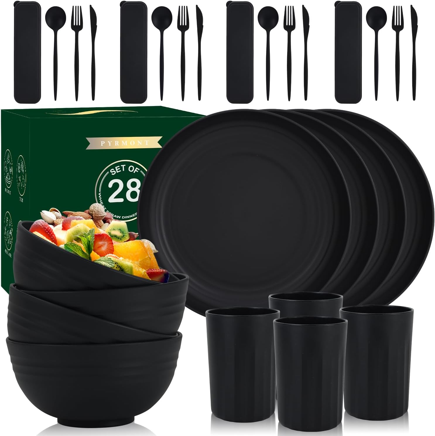 PYRMONT Unbreakable 28-Piece Dinnerware Set BPA-free Microwave Dishwasher Safe Black