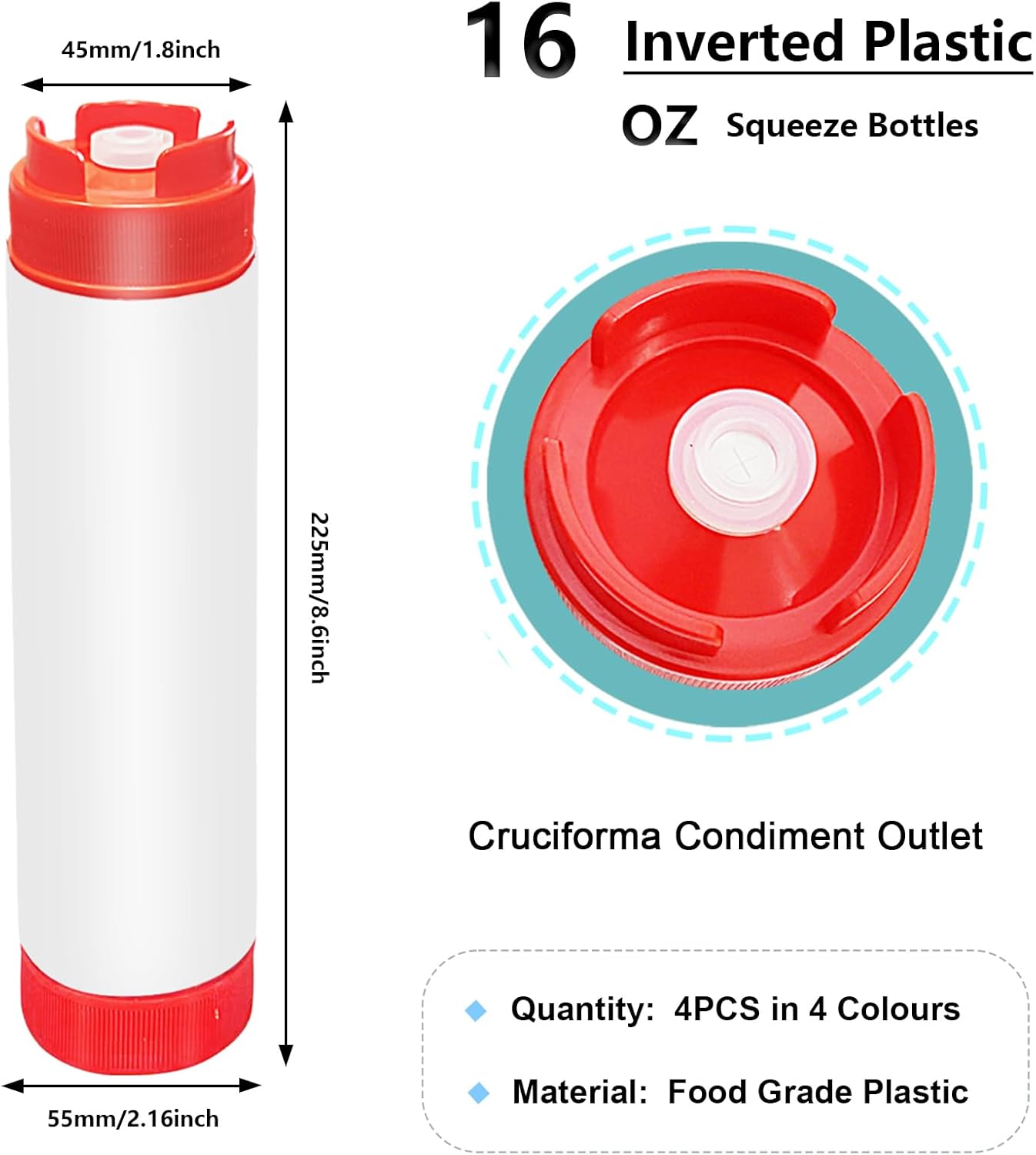 4 Pcs 16 oz Inverted Squeeze Bottles for Condiments and Sauces