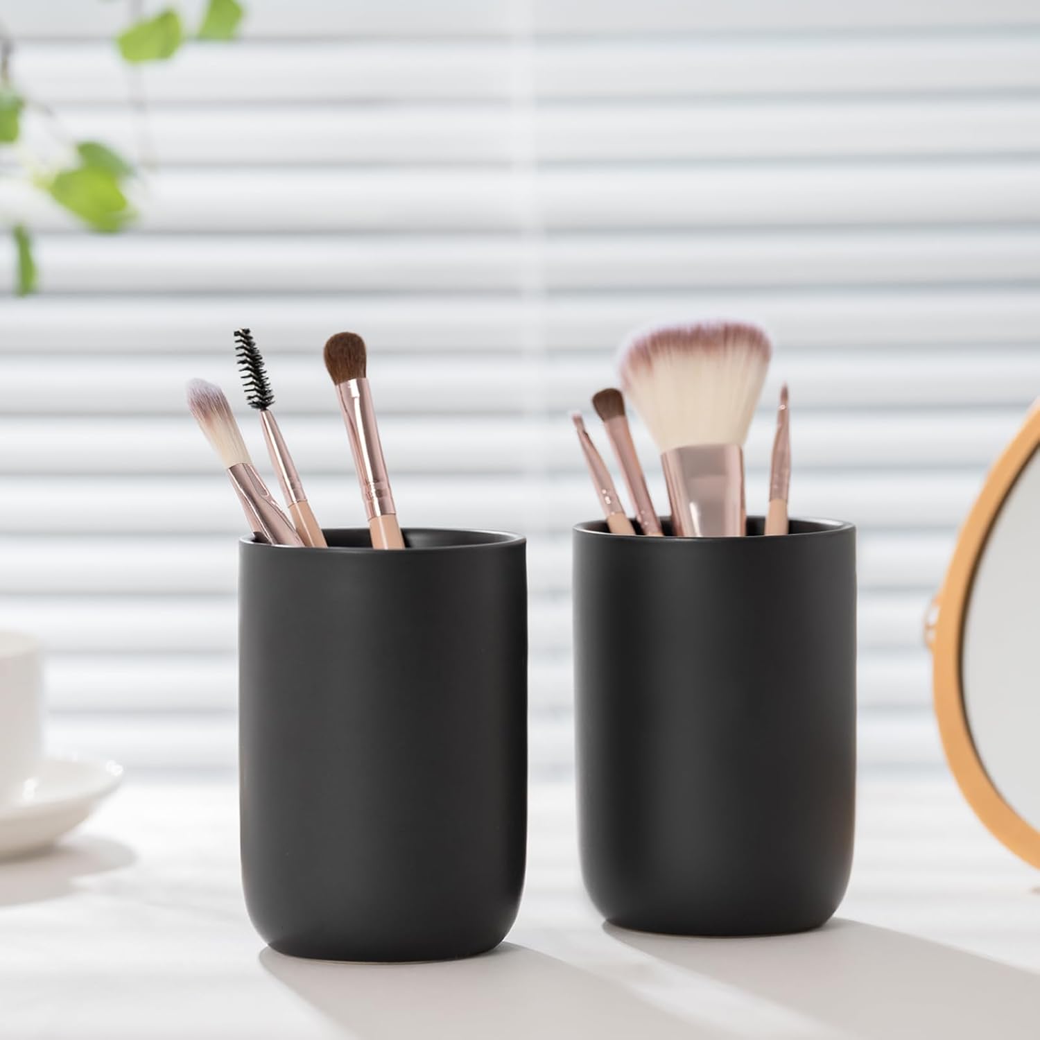 Sturdy Ceramic Toothbrush Cup Holder Matte Black Bathroom Storage Organizer by HY