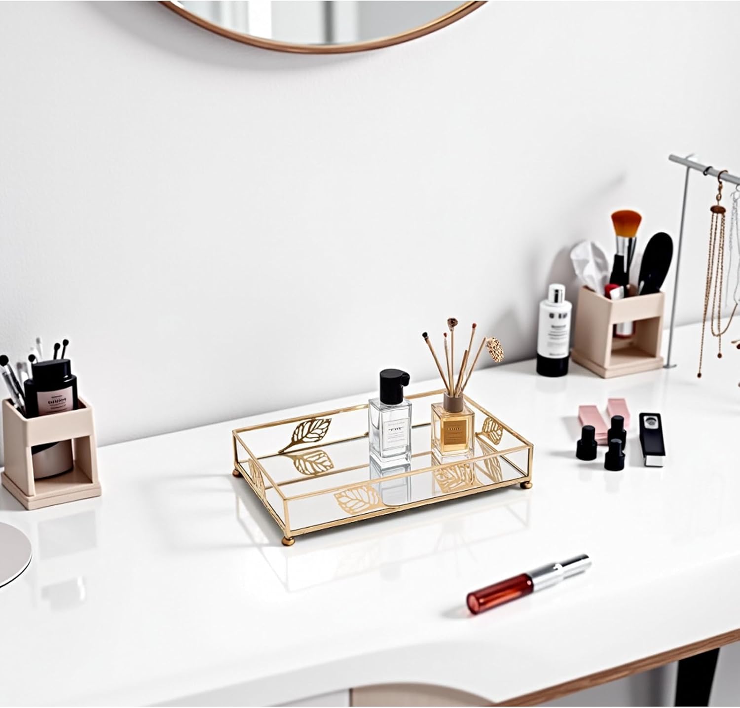 Golden tray for makeup mirrors jewelry