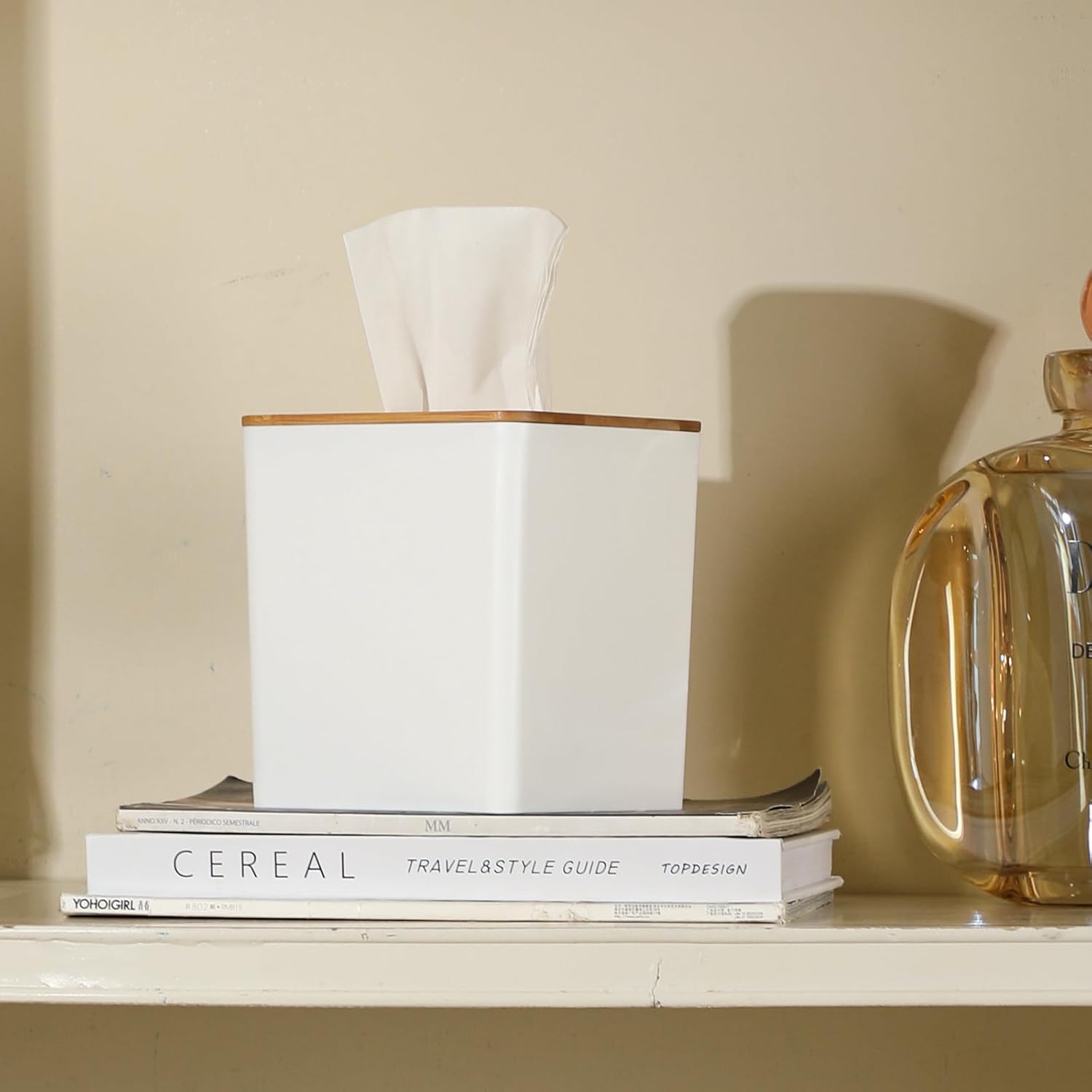 Sunkaioo Modern Tissue Box Cover with Bamboo Lid Boho Farmhouse Style White