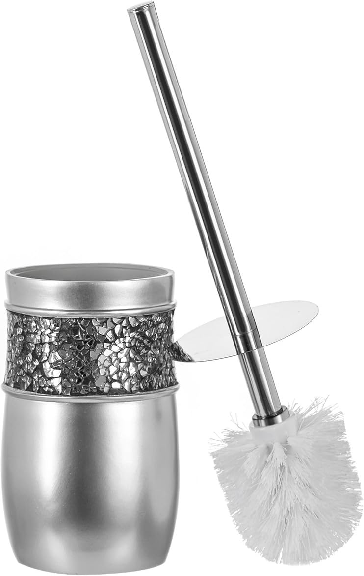 Crackled Glass Toilet Brush with Holder - Silver - Compact Durable
