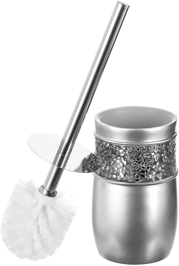 Crackled Glass Toilet Brush with Holder - Silver - Compact Durable
