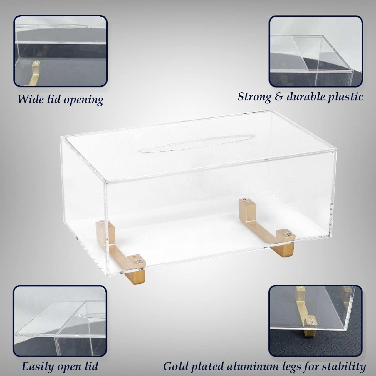 YoBa Thick Acrylic Tissue Box Holder with Gold Plated Legs