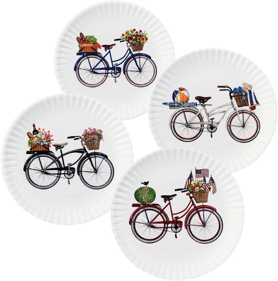 Bring the Fun with 9 Melamine Plates Set of 4 Summer Bikes Design