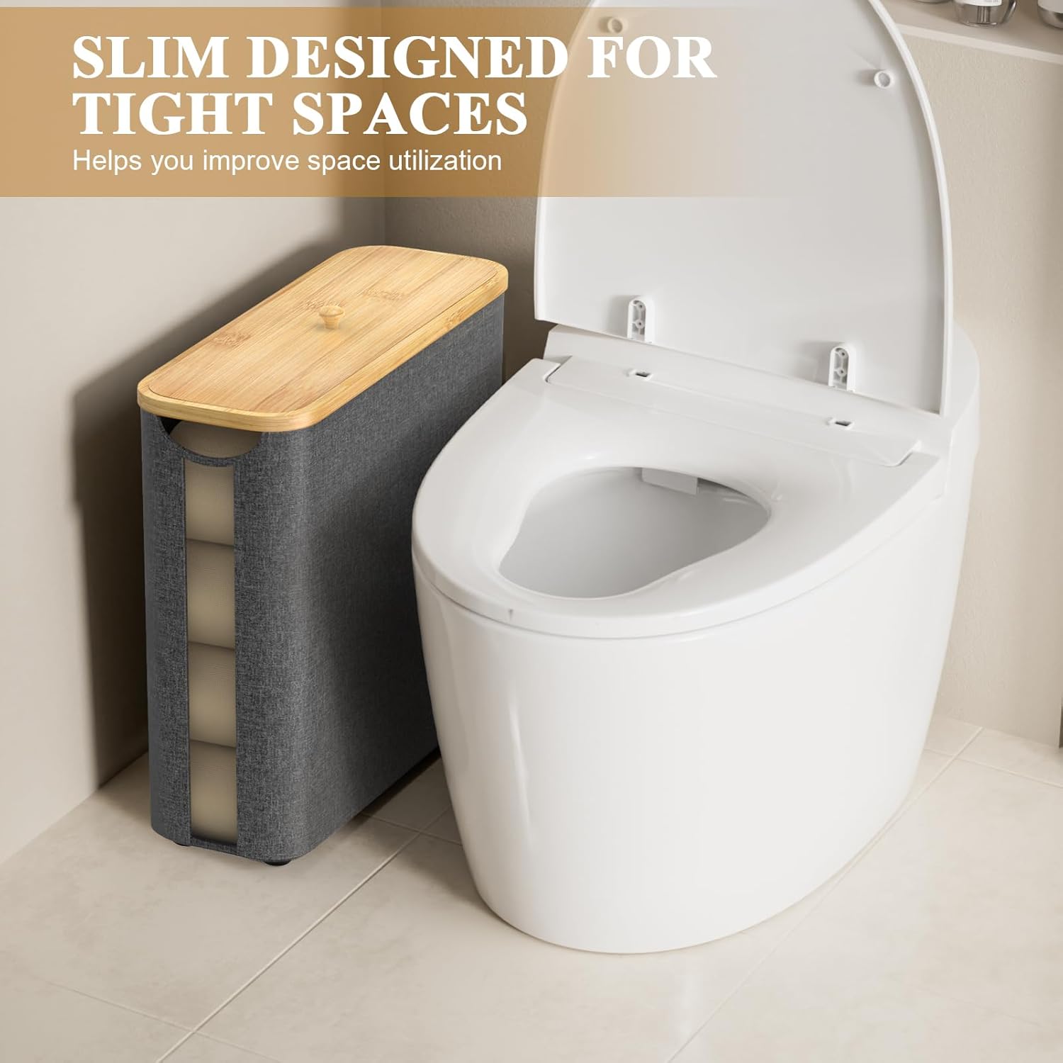 Gileolant Slim and Compact Bamboo Toilet Paper Organizer