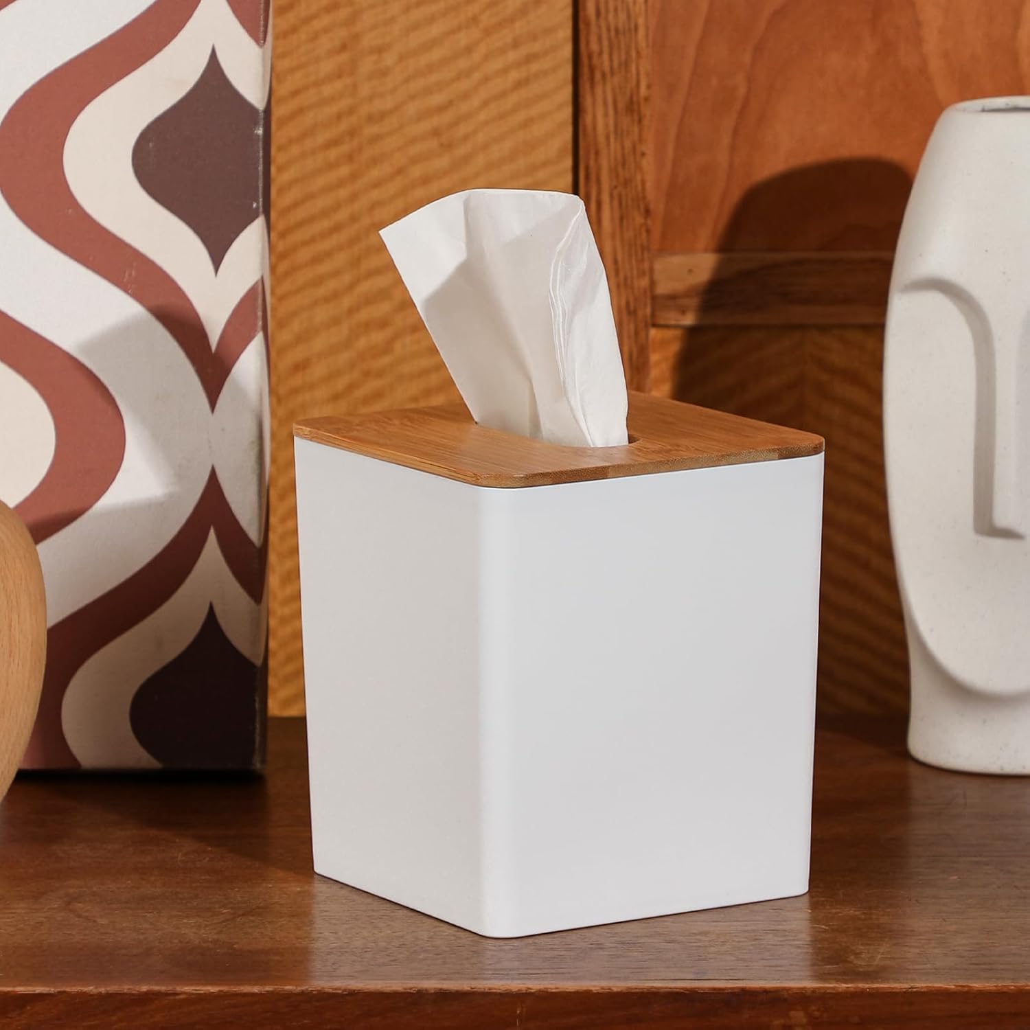 Sunkaioo Modern Tissue Box Cover with Bamboo Lid Boho Farmhouse Style White