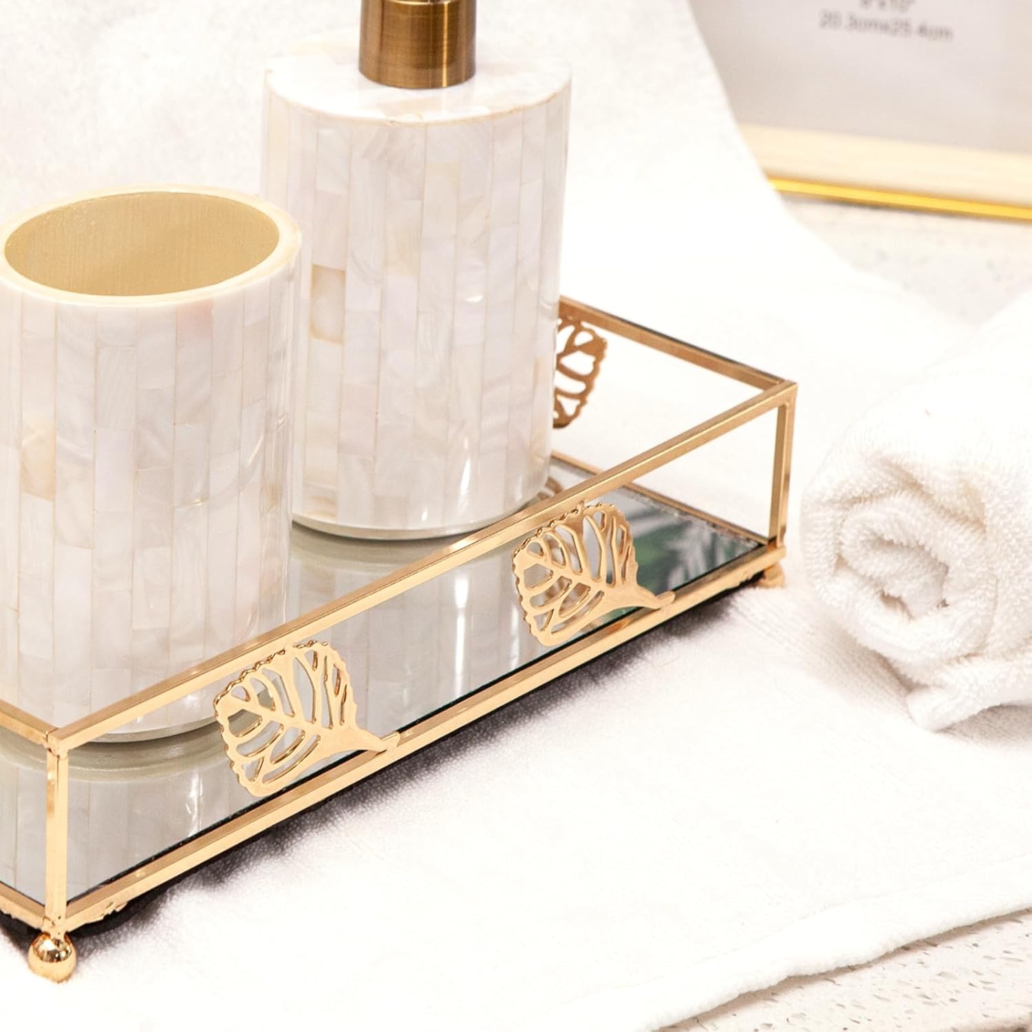 Golden tray for makeup mirrors jewelry