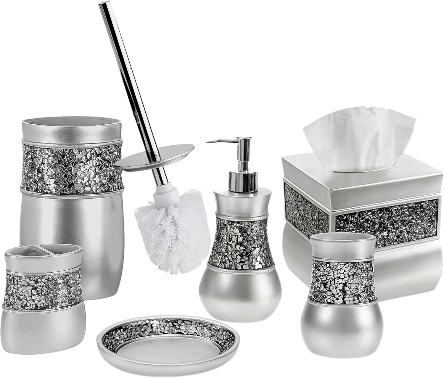 Crackled Glass Toilet Brush with Holder - Silver - Compact Durable