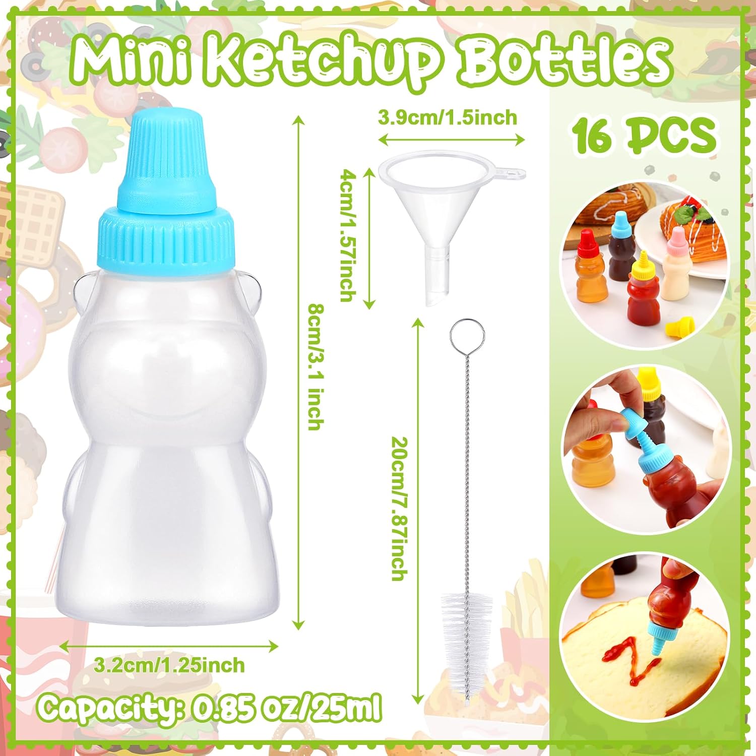 18 Piece Set of Mini Condiment Squeeze Bottles with Funnel for Lunch