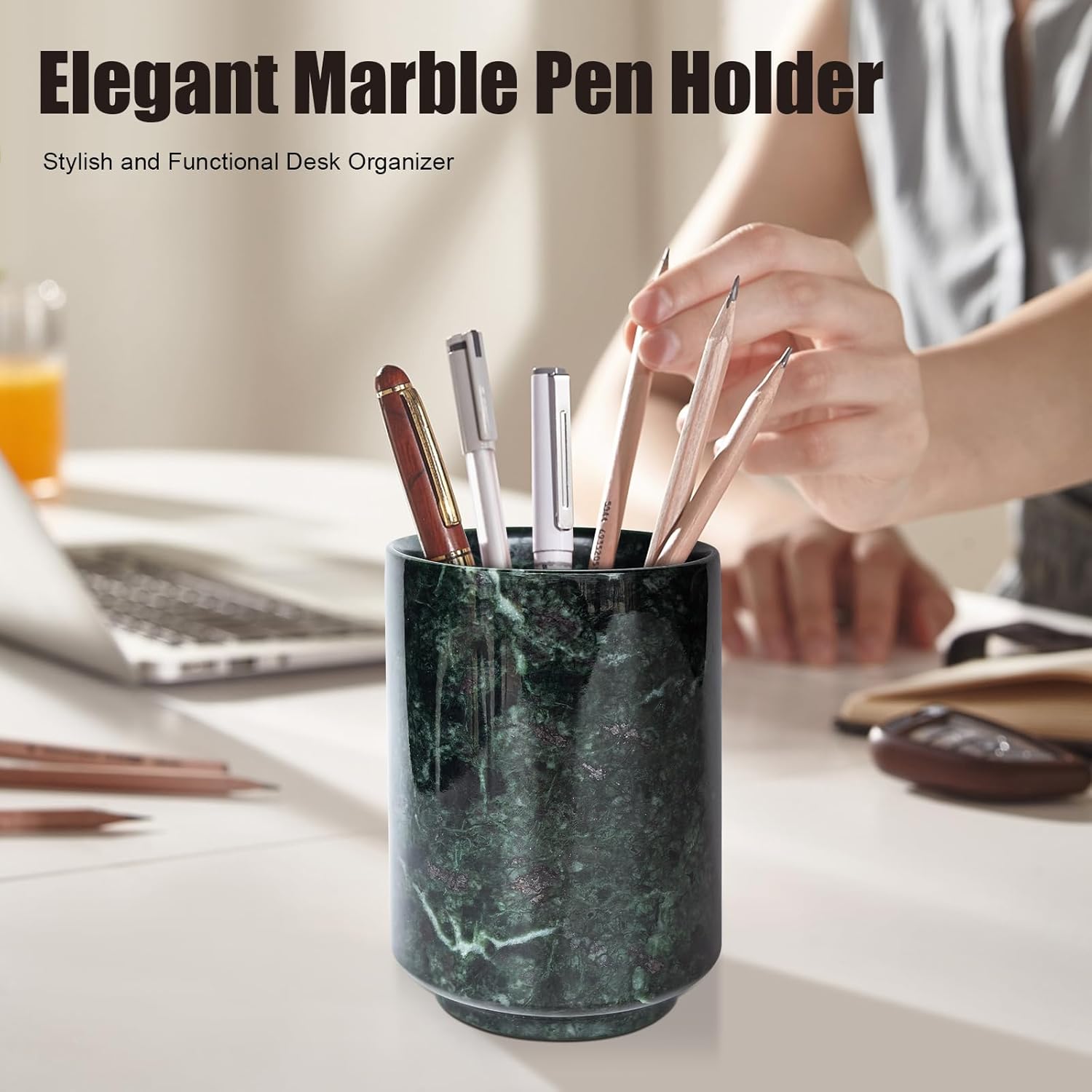 Natural Handcrafted Green Marble and Jade Pen Holder Organizer Cup Multi-Use
