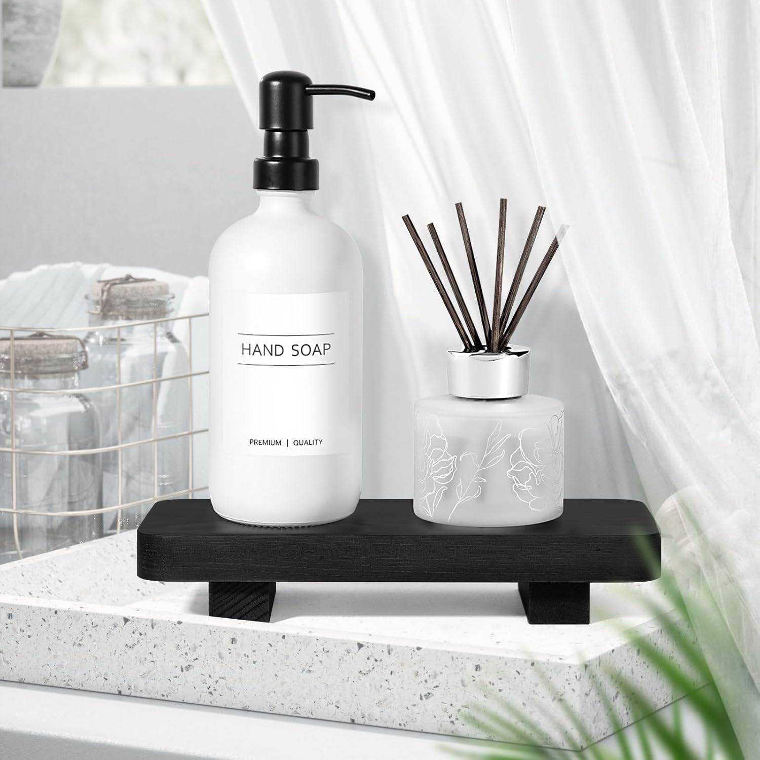 Black Wood Bathroom Counter Tray Farmhouse Riser for Sink soap Dish waterproof