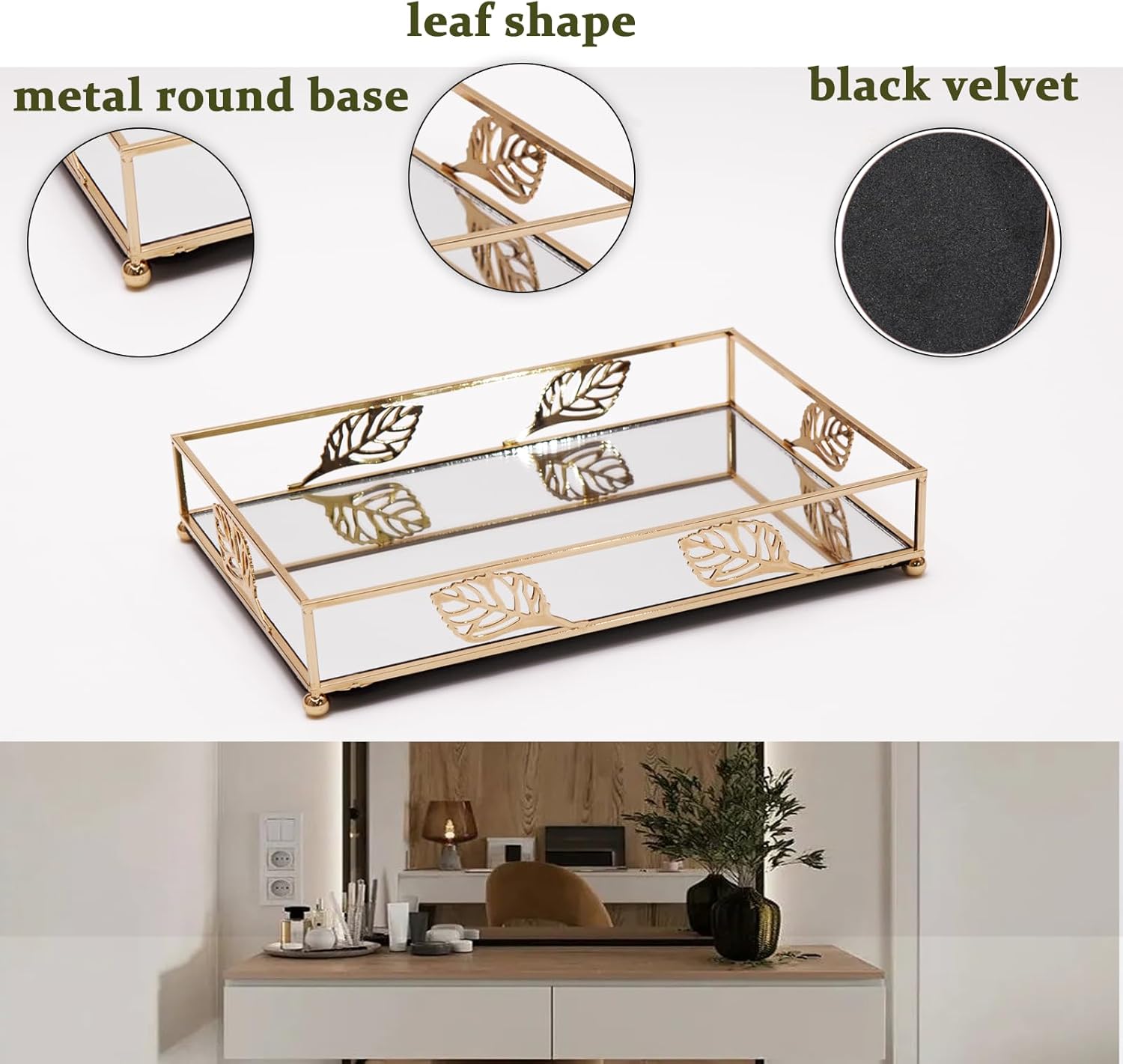 Golden tray for makeup mirrors jewelry