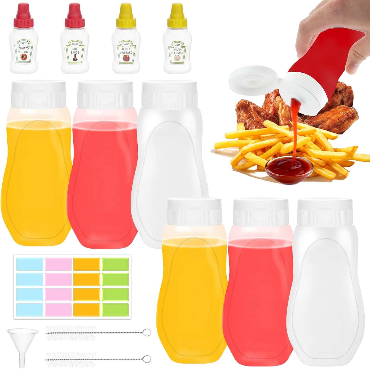 6 Pack Condiment Squeeze Bottles with 4 Mini Bottles for Ketchup Salad