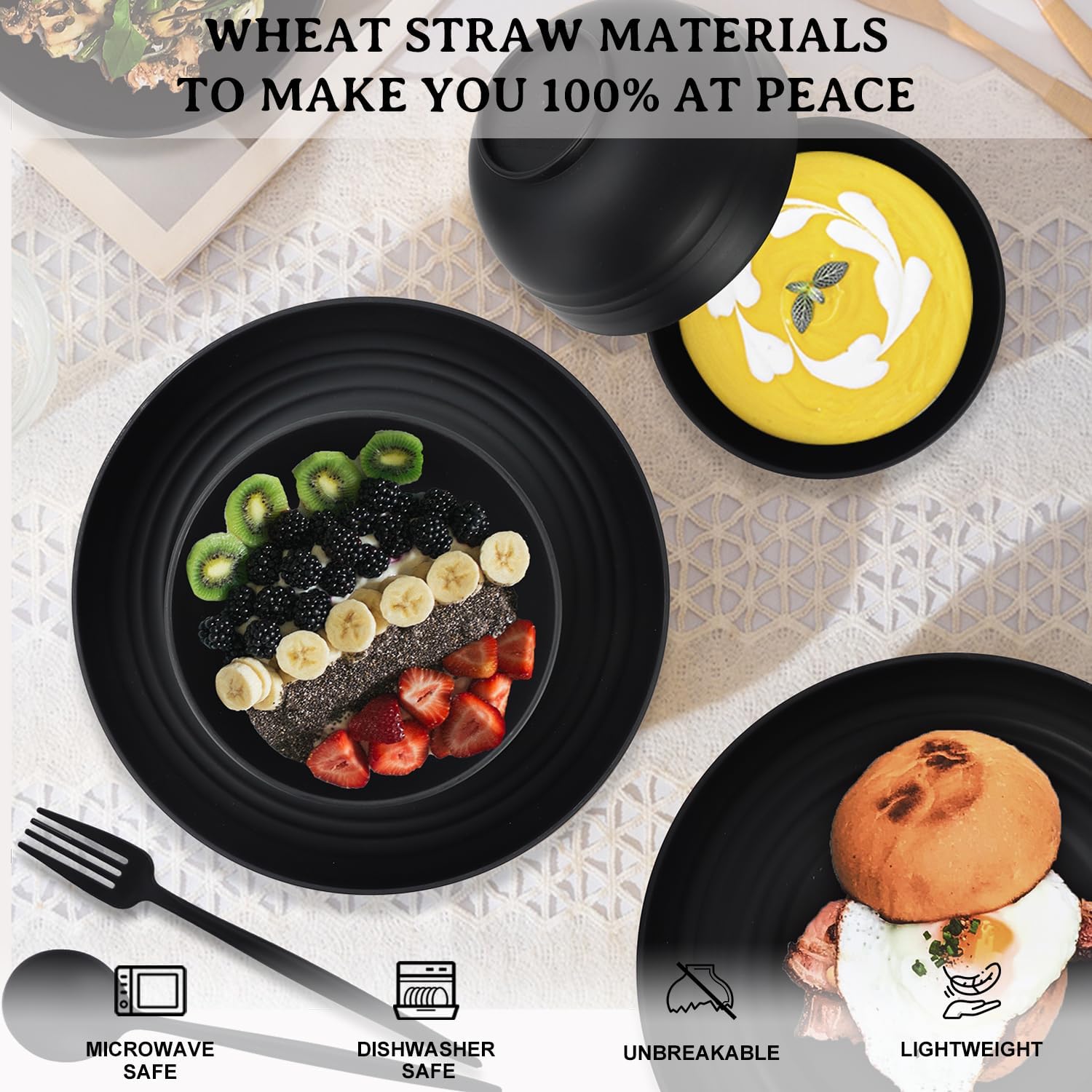 PYRMONT Unbreakable 28-Piece Dinnerware Set BPA-free Microwave Dishwasher Safe Black