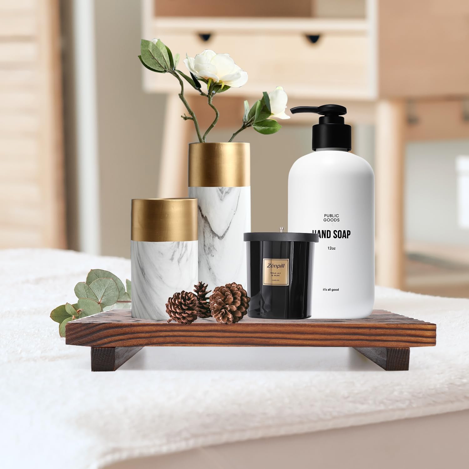 Renawe Wooden Bathroom Counter Tray with Soap Dispenser Holder