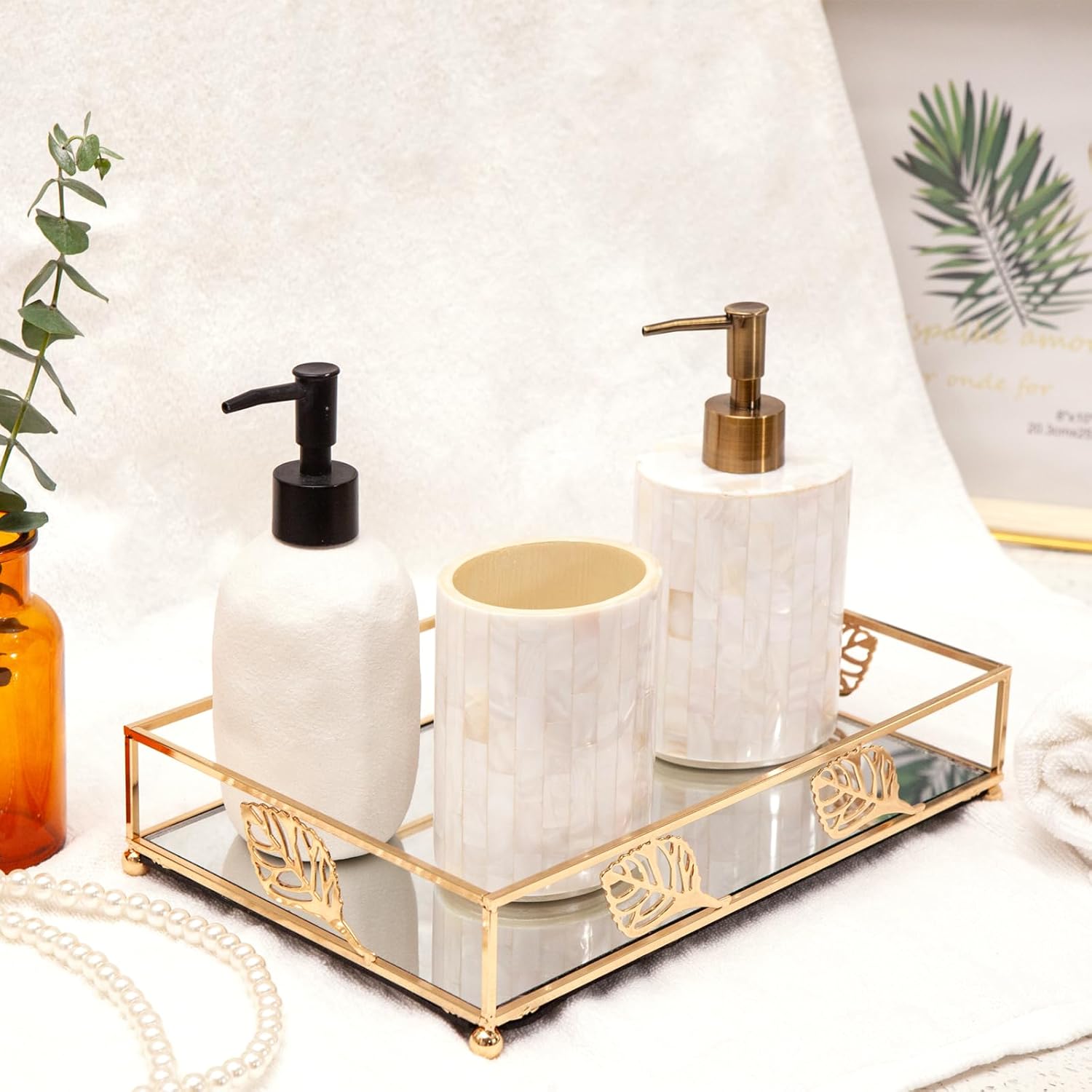 Golden tray for makeup mirrors jewelry